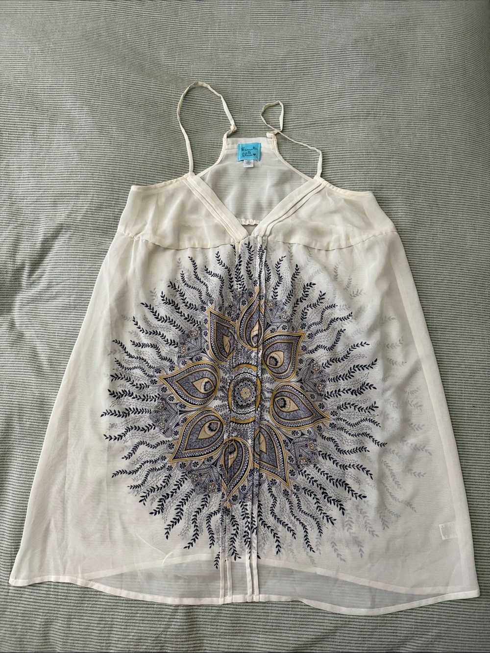 Kimchi Blue Cream Sheer Chemise with Navy & Gold Mandala Embroidery